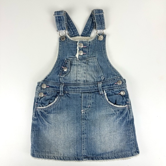 Vintage Y2K Levi’s Toddler Girls Sz 4T Blue Denim Dress Overalls Sherpa Lined - Picture 1 of 11
